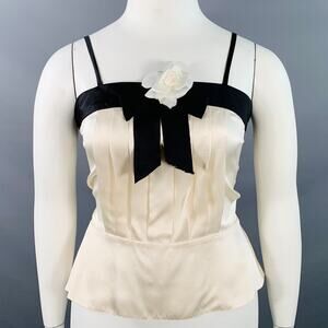CHANEL Vintage 90s Size 10 Black Cream Silk Camisole Camellia Dress Top